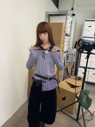 [NeverSeez] Striped Hooded Base Layer Knit Top