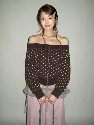 [Moromoro2] Distressed Star Print Off-Shoulder  Sweatshirt