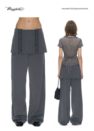 [NECY] Pin Stripe Ruffle Lace Skirt Pants