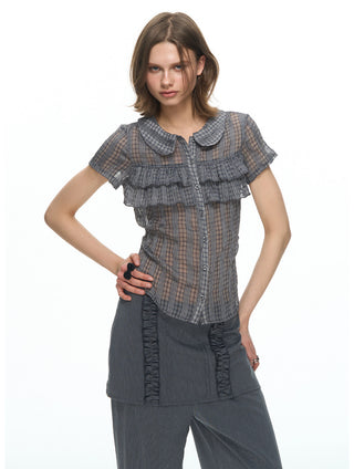 [NECY] Purple Grey Ruffle Plaid Shirt