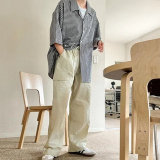 Linen check open collar shirt