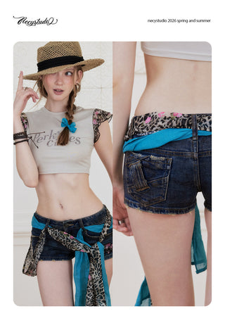 [NECY] New Vintage Floral Leopard Ribbon Denim Shorts