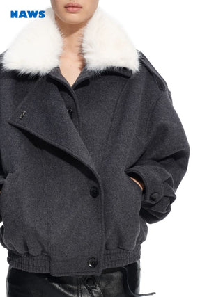 [NOTAWEAR] Faux Fur Collar Wool Blend Bomber  Jacket