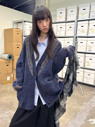 [NeverSeez] Two-Tone Jacquard Knit Cardigan