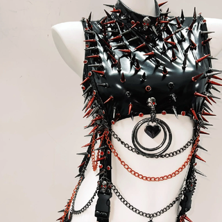 High neck rivet PU leather metal chain buckle bodysuit
