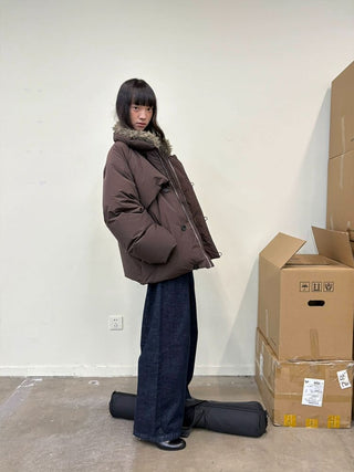 [NEVERSEEZ] Spliced Detachable Fur Collar Down Jacket