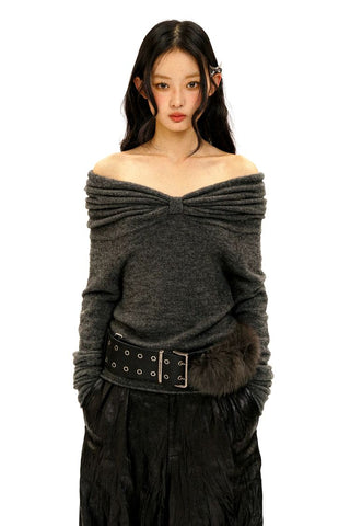 [Moromoro2] Bow Pleated Off-shoulder Knit  Sweater