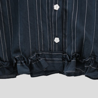 Flower button stripe border short-sleeved blouse