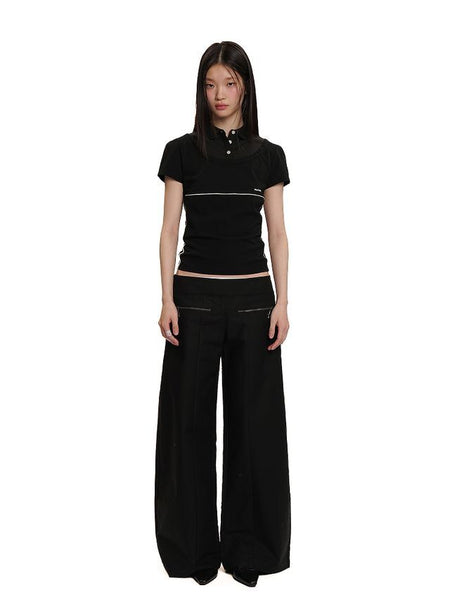 [moromoro2] Layered Contrast Panel Polo  T-Shirt