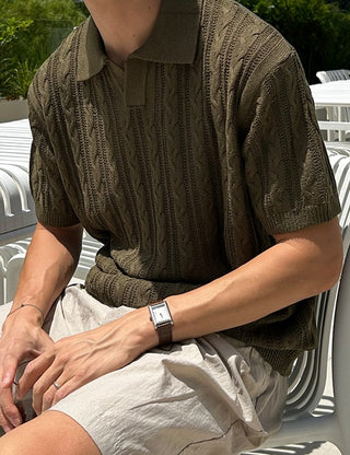 Cord cable knit collared short-sleeve knit (cool fabric)