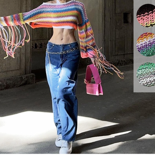 Long sleeve tassels contrast crop top