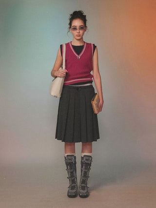 [Moromoro2] Linen Satin Plaid Pleated Skirt