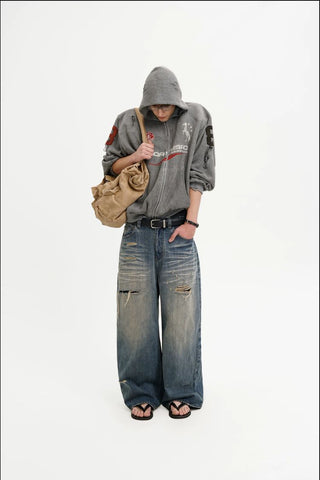 [MASONPRINCE] Distressed Boxy Hooded Knit Cardigan