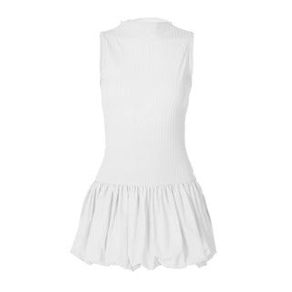 Sleeveless high neck ruched ribbed mini dress