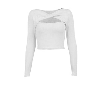 Long sleeve knitted hollow out ribbed cross front crop cut out top