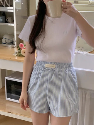 Plain waffle knit short-sleeved T-shirt (4c)