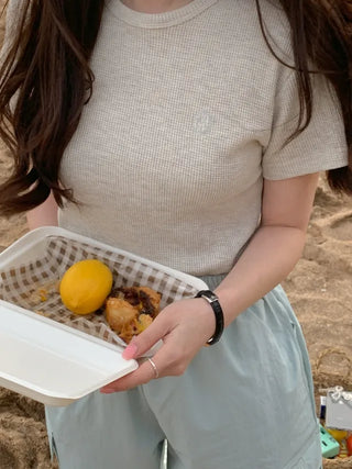 Plain waffle knit short-sleeved T-shirt (4c)