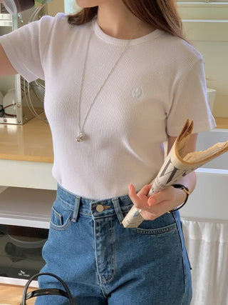 Plain waffle knit short-sleeved T-shirt (4c)