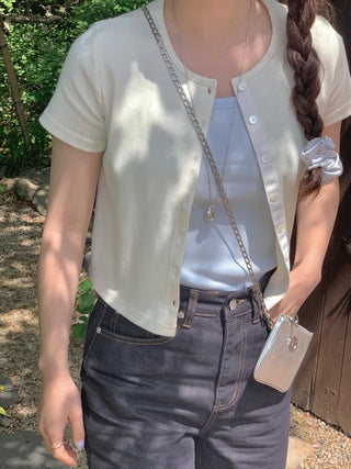 [SET] Cropped Short-Sleeve Ribbed Sleeveless Cardigan Set (4c)