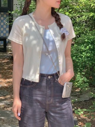 [SET] Cropped Short-Sleeve Ribbed Sleeveless Cardigan Set (4c)