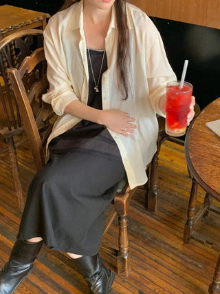 [Lined] H-line long linen skirt (3cm)