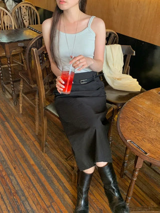 [Lined] H-line long linen skirt (3cm)