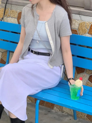[SET] Cropped Short-Sleeve Ribbed Sleeveless Cardigan Set (4c)