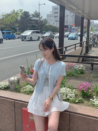 [SET] Cropped Short-Sleeve Ribbed Sleeveless Cardigan Set (4c)