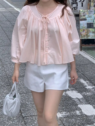 Loose-fitting shirred puff ribbon blouse (2c)