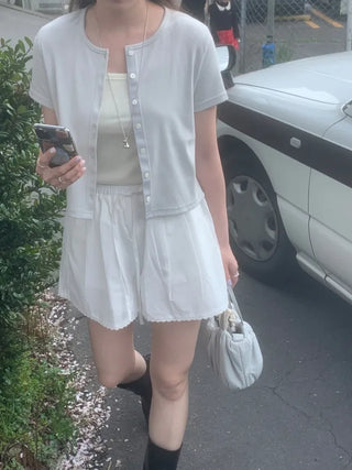 [SET] Cropped Short-Sleeve Ribbed Sleeveless Cardigan Set (4c)