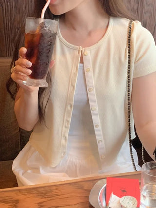 [SET] Cropped Short-Sleeve Ribbed Sleeveless Cardigan Set (4c)