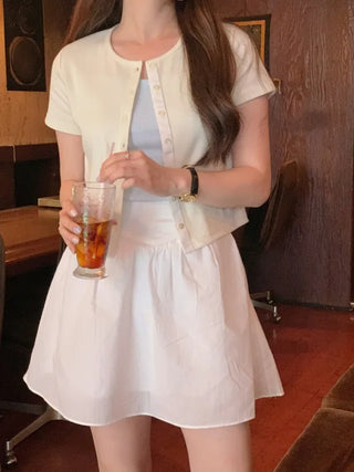 [SET] Cropped Short-Sleeve Ribbed Sleeveless Cardigan Set (4c)