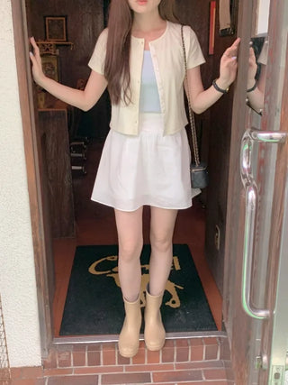 [SET] Cropped Short-Sleeve Ribbed Sleeveless Cardigan Set (4c)