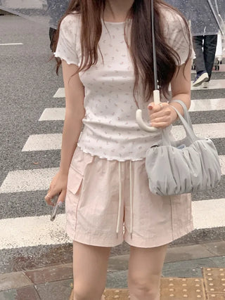 Flower frill short-sleeved T-shirt (2c)