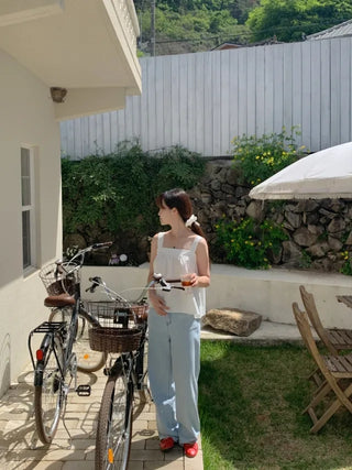 Light denim straight wide pants