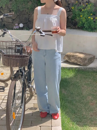 Light denim straight wide pants