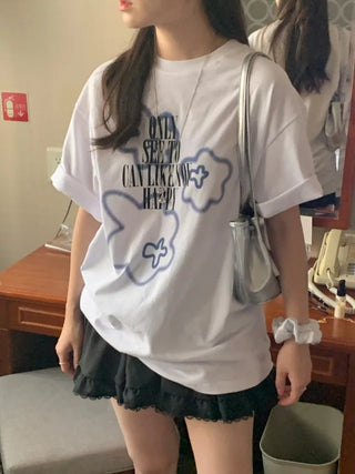 Printed round oversized short-sleeved T-shirt (2c)