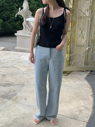 Light denim straight wide pants