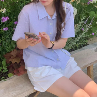 Summer Striped Seersucker Short-Sleeve Shirt