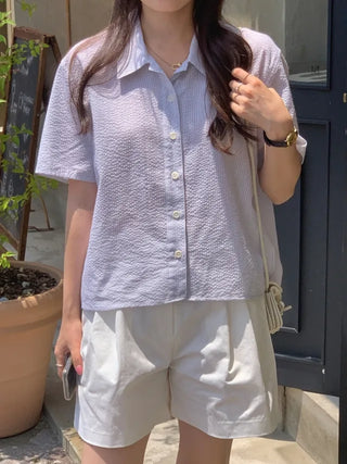 Summer Striped Seersucker Short-Sleeve Shirt
