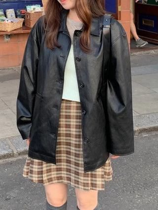 Loose-fitting black half-leather jacket