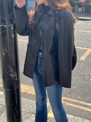 Loose-fitting black half-leather jacket