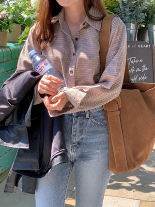 Wrinkle-free brown vintage check shirt