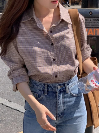 Wrinkle-free brown vintage check shirt