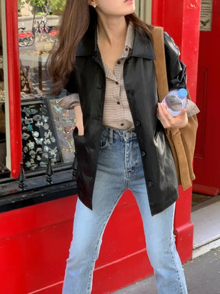 Loose-fitting black half-leather jacket