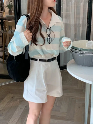 Loose-fit striped long-sleeved colored T-shirt