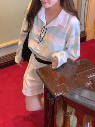 Loose-fit striped long-sleeved colored T-shirt
