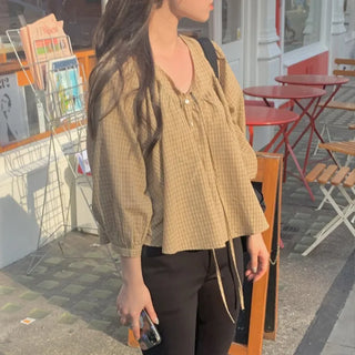 Checked Loose Fit Shirred Puff Ribbon Blouse