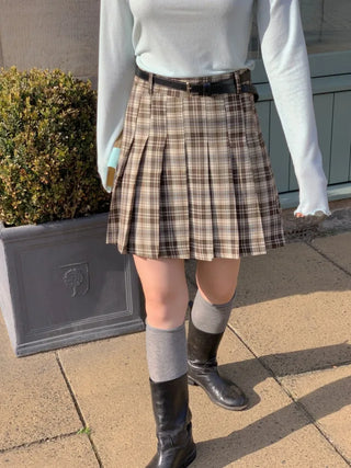 A-line checkered pleated mini skirt