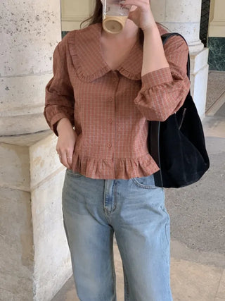 Autumn sailor collar frill check blouse